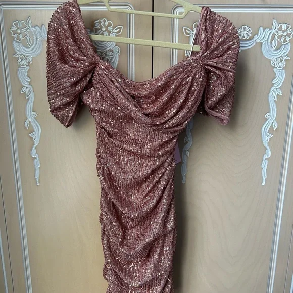 Hello Molly Shimmering Pink Off-Shoulder Mini Dress - Picture 2 of 3